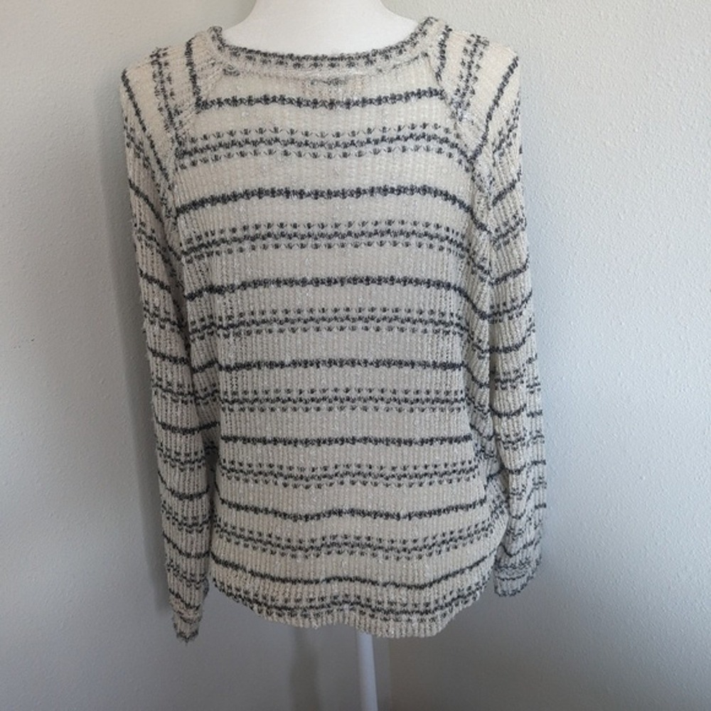 Altar'd State Pullover Small White Black Striped Knit V Neck Tie Front Sweater - Picture 5 of 8